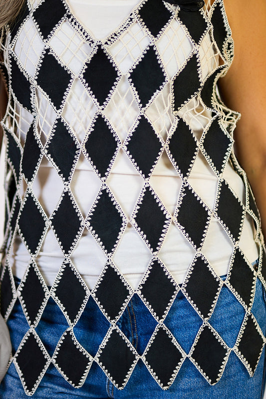 Crochet Black Leather Vest